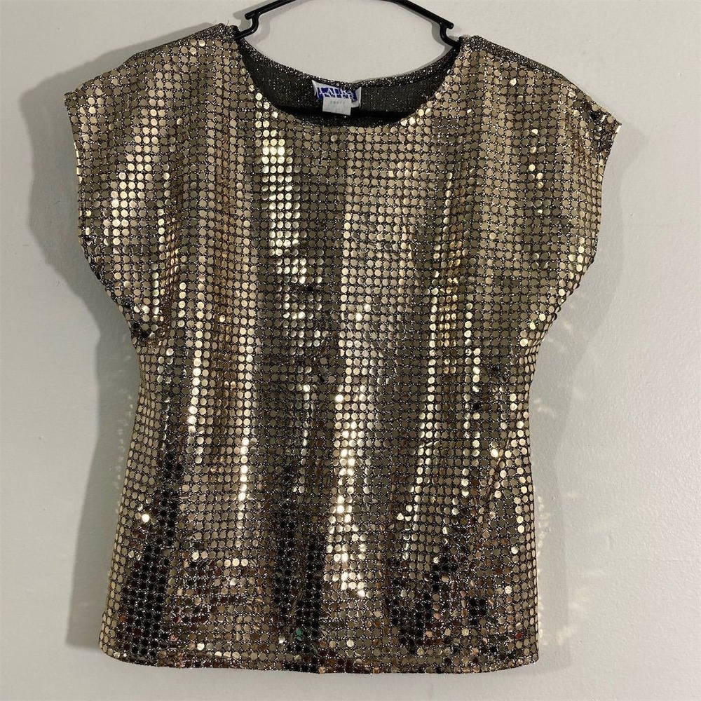 Laura Tyler Women's Gold Sequin Short Sleeve Party Blouse Size S
